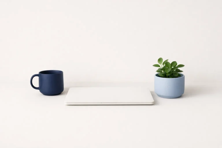 Escritorio con portátil, taza y planta