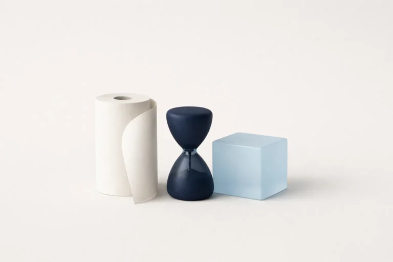 Rollo de tique, reloj de arena y cubo de cristal