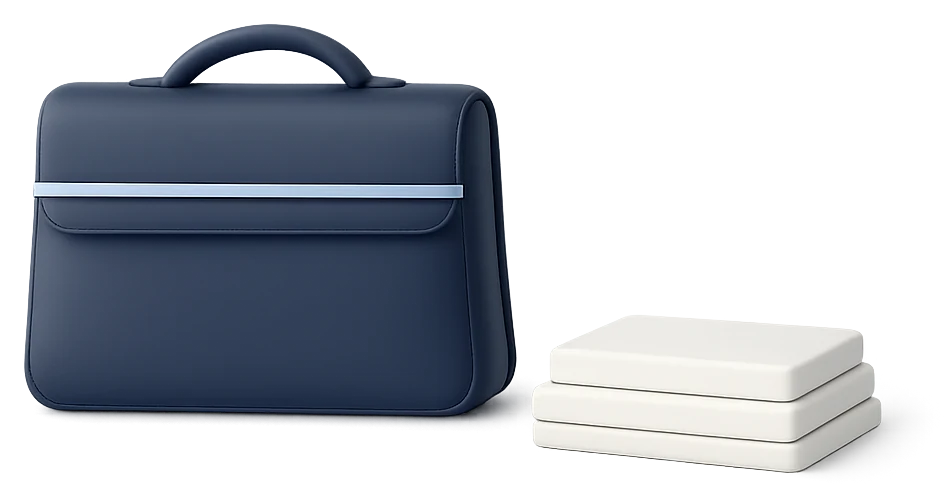 Maletín azul marino junto a unas tarjetas blancas